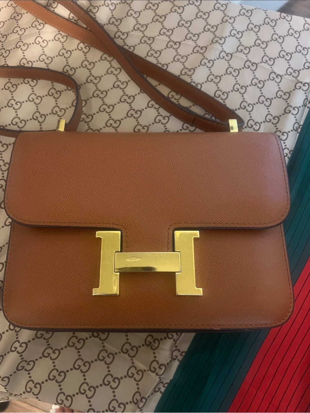 Classic Tan Leather Crossbody Bag With Gold H